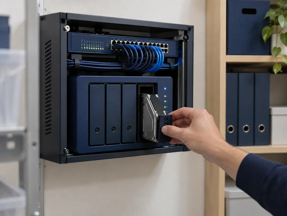 Eine Hand setzt eine Festplatte in das Datensicherungsgerät im Netzwerkschrank (KI-generiert)