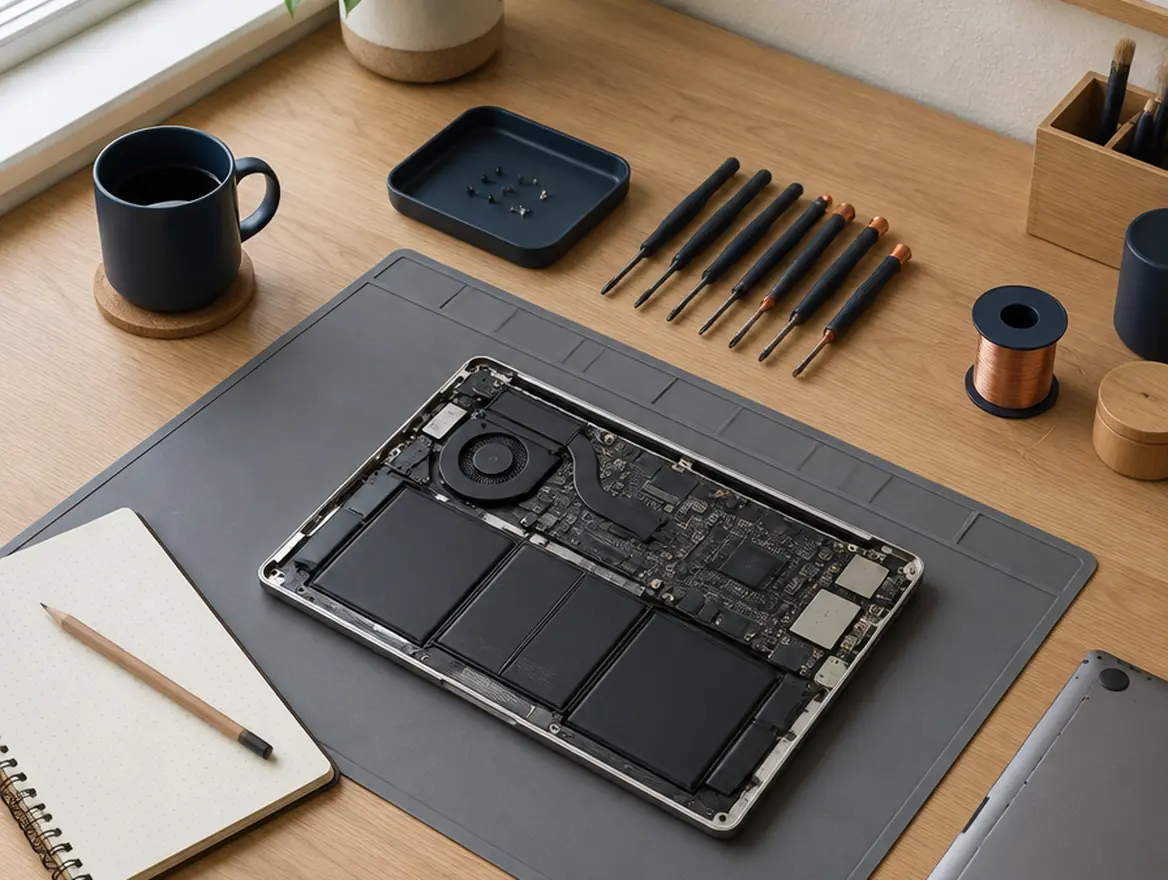Geöffneter Laptop auf einer Reparaturmatte mit Feinwerkzeug (KI-generiert)