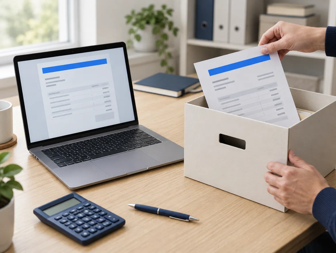 Digitale Rechnung auf dem Laptop, die Papierrechnung wandert ins Archiv (KI-generiert)