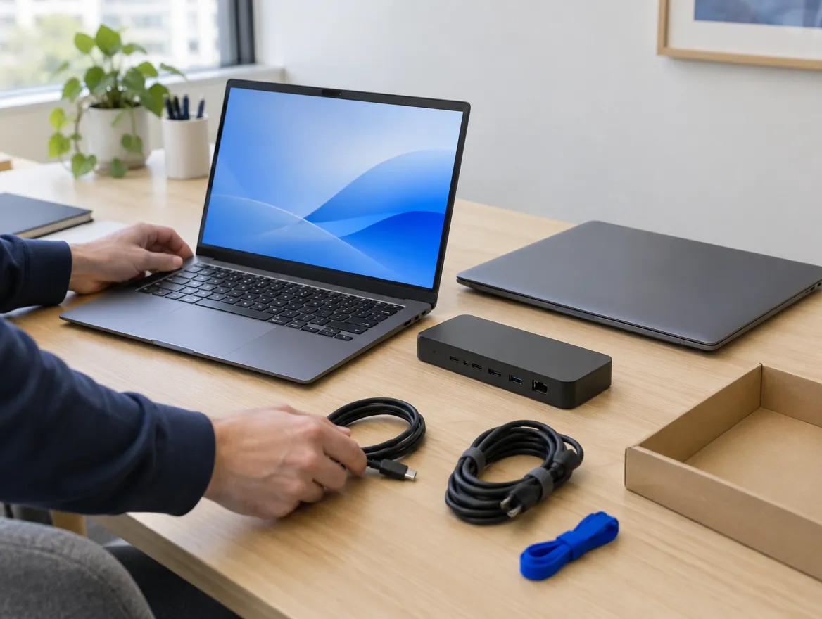 Hände richten zwei neue Firmen-Laptops mit Dockingstation ein (KI-generiert)