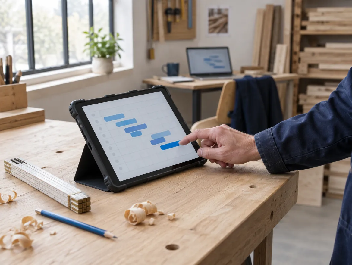 Tablet mit Auftragsplan auf der Hobelbank einer Schreinerei (KI-generiert)