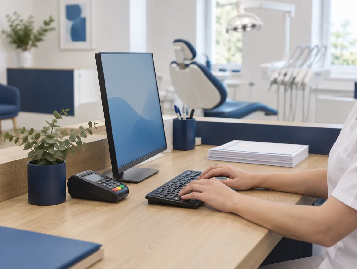 Empfangstresen einer Zahnarztpraxis mit Bildschirm und Kartenterminal (KI-generiert)